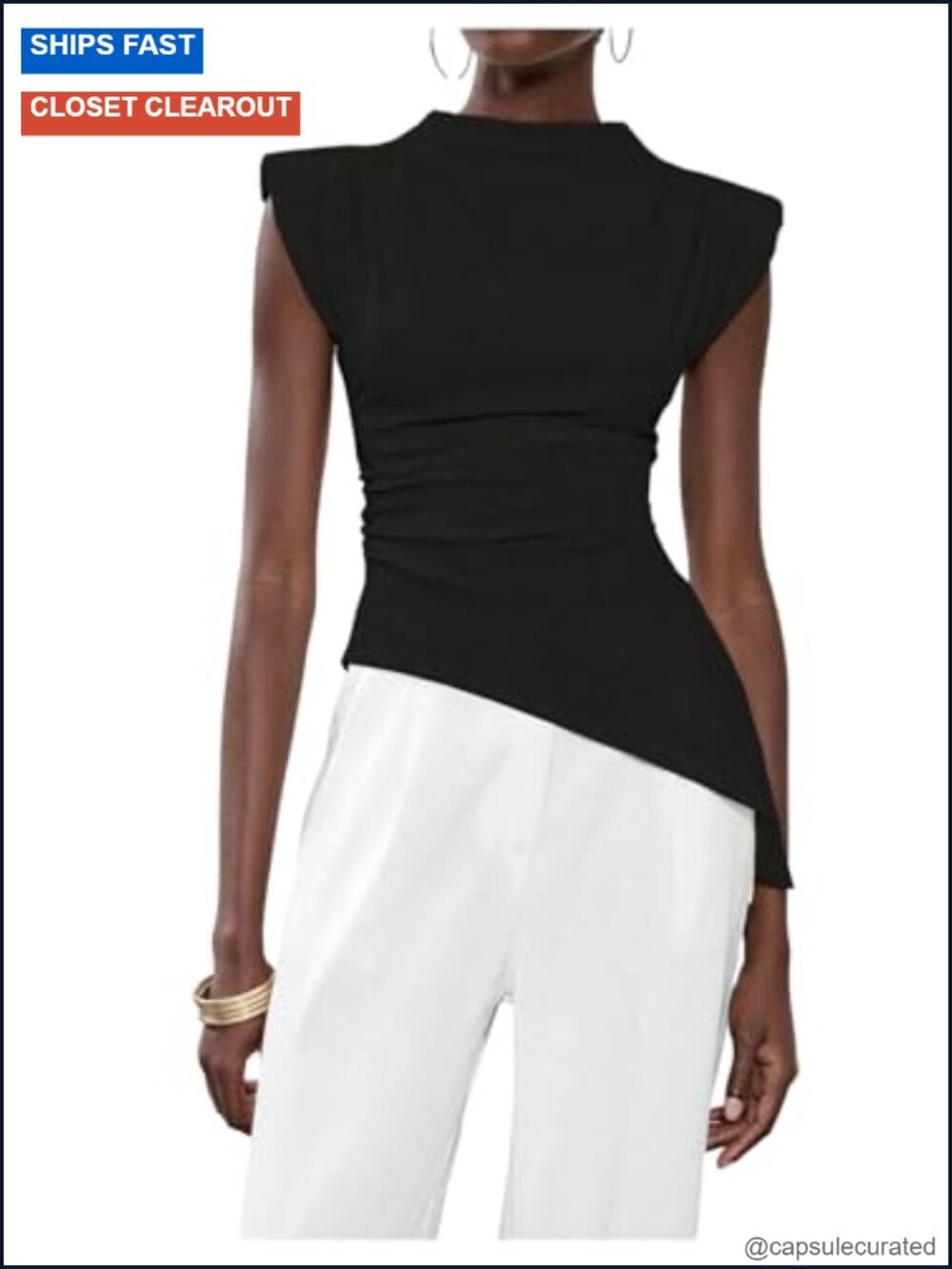 Women's Asymmetrical Ruched Top Shoulder Pad Fitted Mock Neck Top